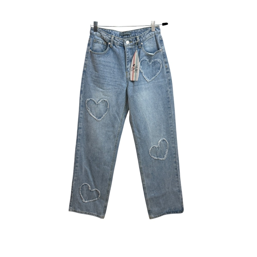 Cali 1850 Women Light Wash Heart Patch Straight Leg Jeans 29 Y2K Revival Kidcore